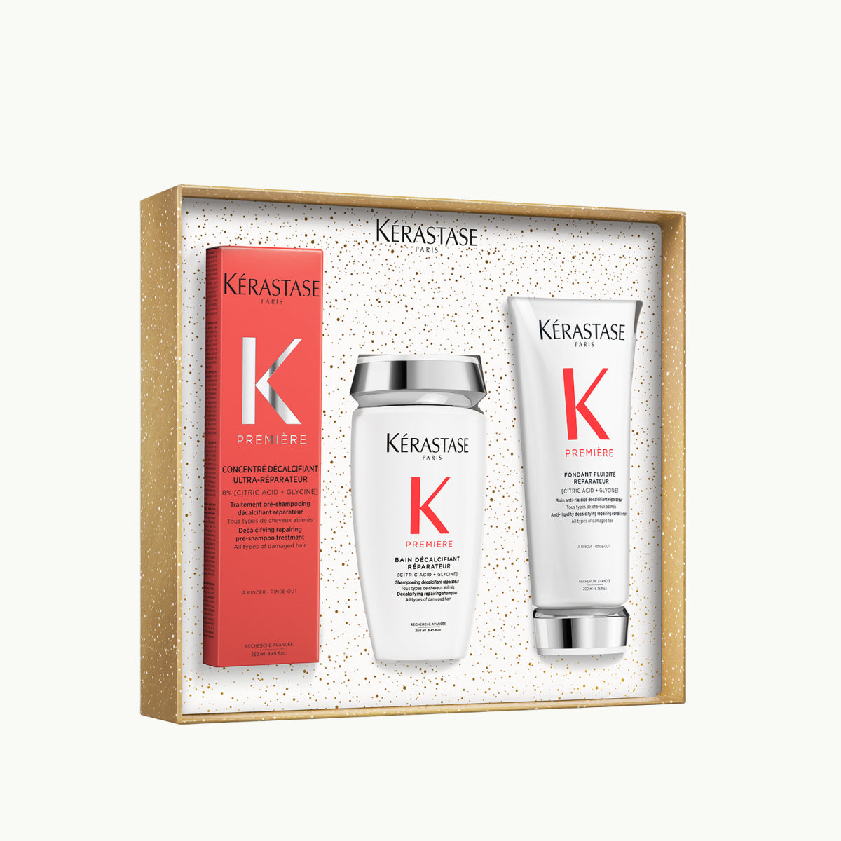Kérastase Première Fondant Holidays 2025 – Ajándékszett Hajjavításhoz és Kalcium‑eltávolításhoz: Concentré 250 ml + Bain 250 ml + Fondant 200 ml