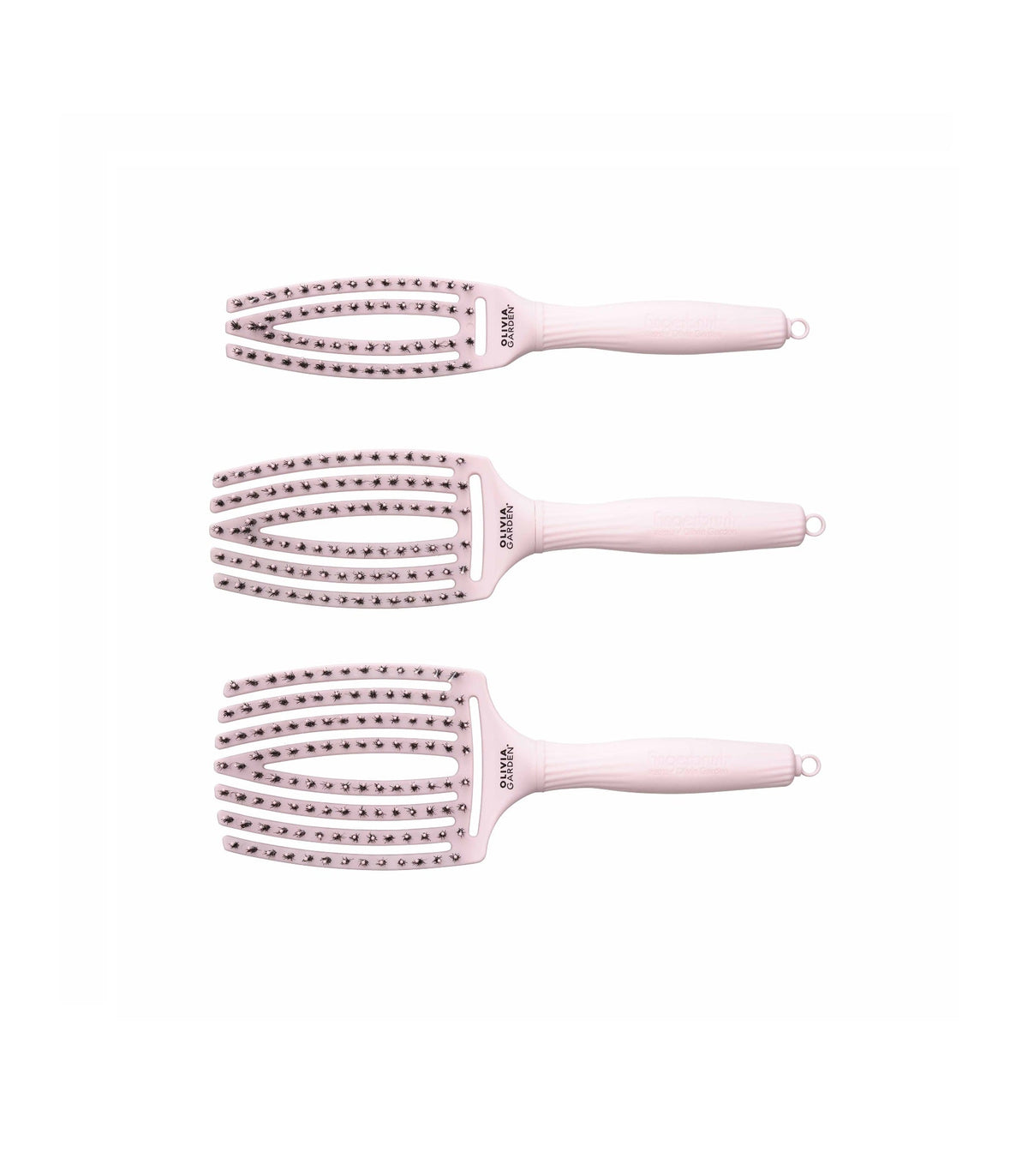 Olivia Garden Fingerbrush Boar & Nylon Pastel Pink – Professzionális Display 12 Hajkefével a Kíméletes Kifésülésért és Természetes Fényért