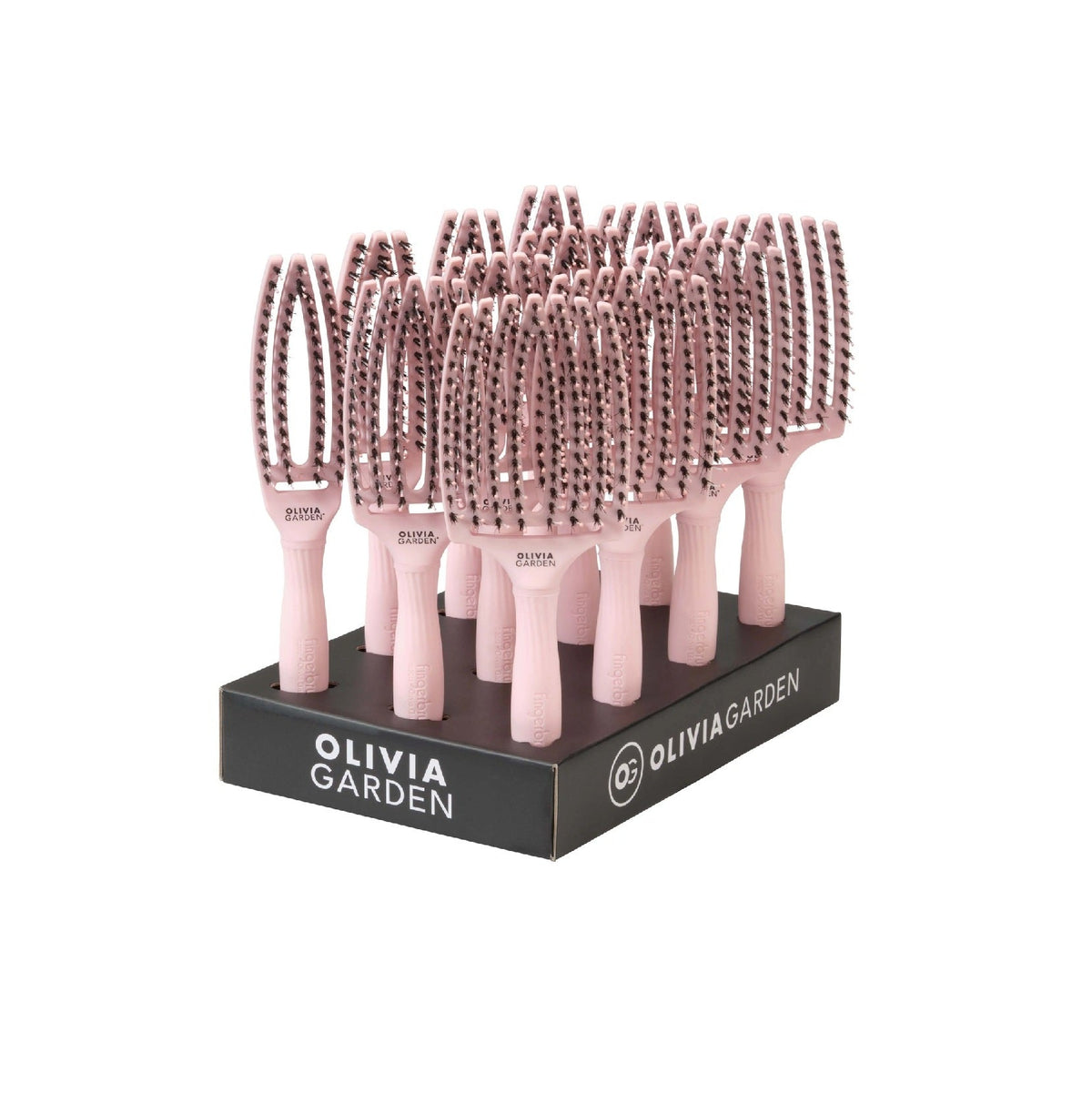 Olivia Garden Fingerbrush Boar & Nylon Pastel Pink – Professzionális Display 12 Hajkefével a Kíméletes Kifésülésért és Természetes Fényért