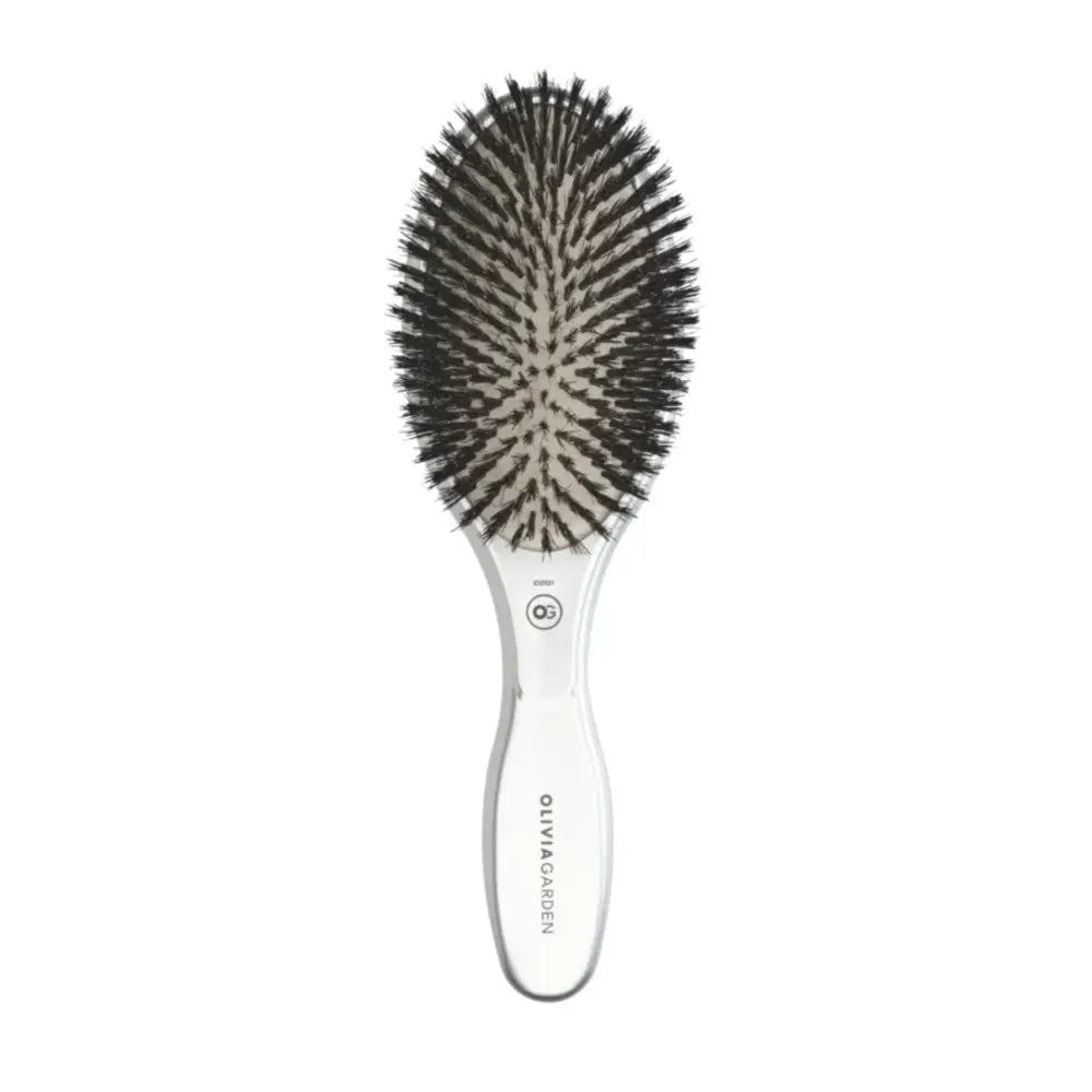 Perie profesională Olivia Garden Expert Care Oval Silver cu peri naturali de mistreț pentru strălucire și îngrijire