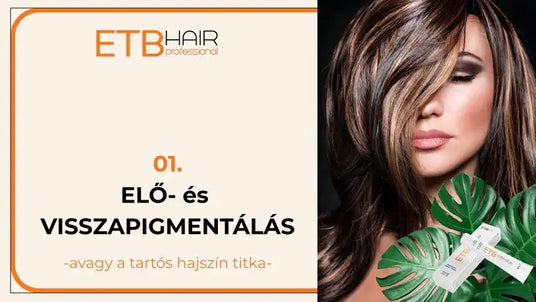 Az Etb hair professional ’elő- és visszapigmentálás’ hajfesték termékvonal, amely egy nőt mutat be rétegezett barna és szųke melírával.