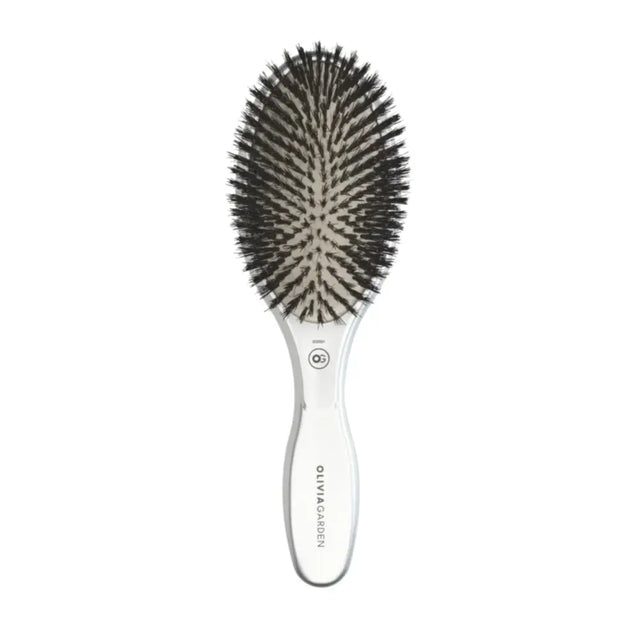 Perie profesională Olivia Garden Expert Care Oval Silver cu peri naturali de mistreț pentru strălucire și îngrijire