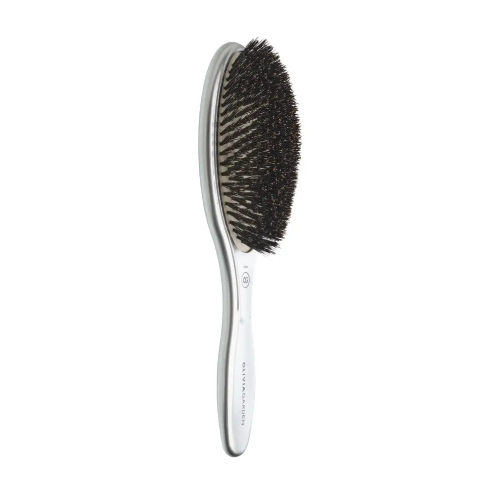 Perie profesională Olivia Garden Expert Care Oval Silver cu peri naturali de mistreț pentru strălucire și îngrijire